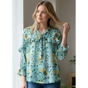Cato Women's Blouse M Aqua Blue Floral Ruffle Tie Neck Top Ruffle Peasant Sleeve